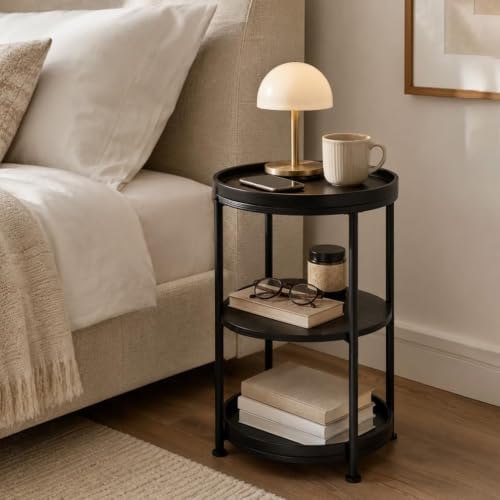 Dulcii Side Table, Round End Table with 3 Shelves for Living Room, Bedroom, Nightstand with Steel Frame for Small Spaces, Industrial Round Sofa Table, Outdoor Accent Coffee Table, Black