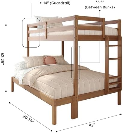 Grain & Grove Bear Twin Over Full Bunk Bed, Sturdy Bunk Bed Frame for Kids, Plywood Bunk with Ladder, Guardrail, and Slats, No Box Spring Required, Oak Embossed Pecan
