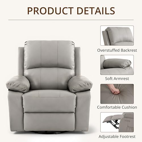 360° Swivel Rocking Leather Recliner Chair for Adults, Grey