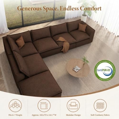 Vesgantti 142" Boneless Sectional Modular Couch,5 Seats Cloud Sofa, Brown