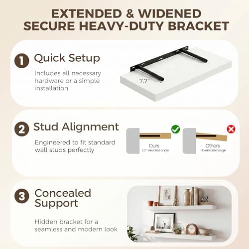 Deep Floating Shelves, 36" W x 12" D Wood Floating Shelves for Wall, 3 Pack Extra Deeper & Thicker Wall Mounted Storage Shelf for Living Room Laundry Room Kitchen Home Office, White