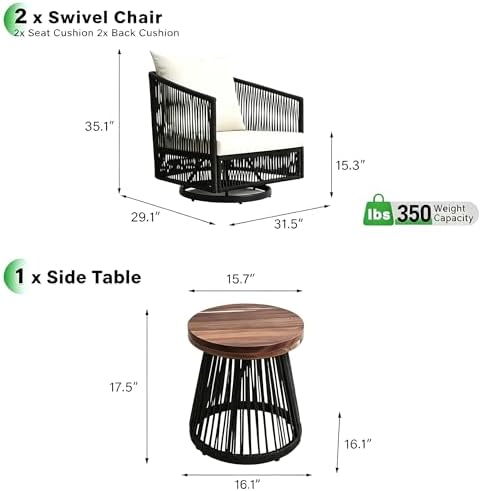 3 Pieces Outdoor Swivel Chairs Wicker Patio Bistro Set with Coffee Table