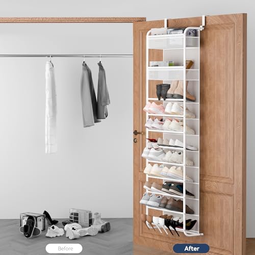 Whitmor 27 Pair Over The Door Shoe Organizer, 11 Tier Hanging Shoe Organizer, Heavy Duty Metal & Mesh Shoe Holder, Hanging Shoe Rack for Closet Organizer & Storage, 7.5 L x 21.7 W x 79.9 H, White