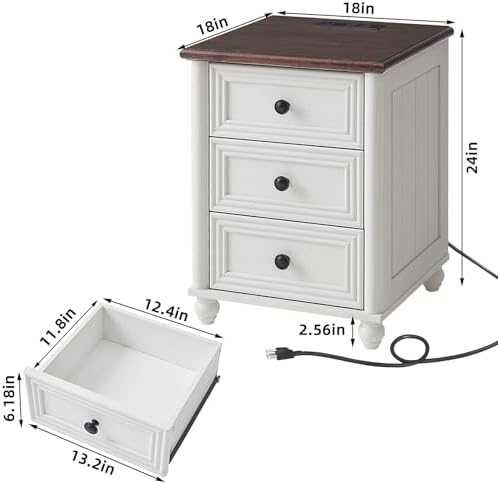 RWYHG 18" Night Stand with Charger Station, Nightstand with 3 Drawers