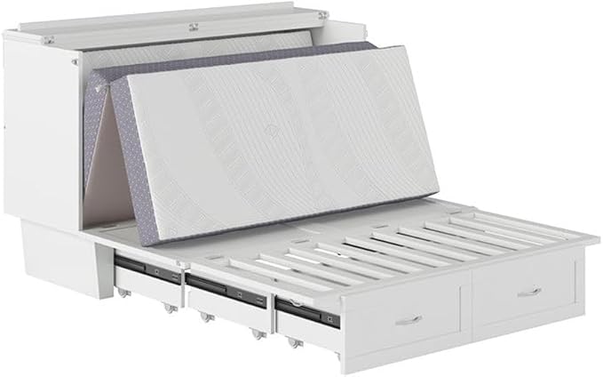 AFI, Monroe Queen Murphy Bed Chest with 6" Mattress, Storage Drawer & Built-in USB Charger, White