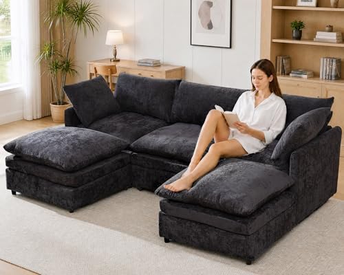 97" Cloud Couch Sectional Sofas for Living Room, U Shape Modular Cloud Sofa with Movable Ottoman, Chenille Comfy Couches 5 Deep Seats for Apartment, Office, Bedroom, Black