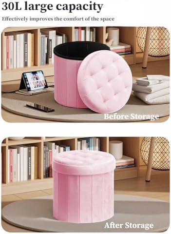Bsketa Round Storage Ottoman, 14" Folding Velvet Foot Stool Rest,Pink