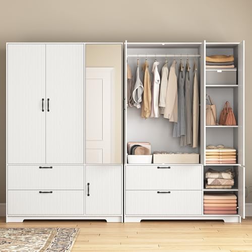 72'' Fluted Armoire Wardrobe Closet with Mirror Door and 2 Drawers,Tall Bedroom Armoire Wardrobe Cabinet with Hanging Rod,Wooden Bedroom Closet with 4 Adjustable Shelves (White)