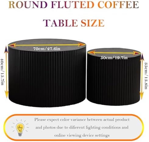 Black Round Fluted Coffee Table Set of 2 (D-27.6IN+19.7IN)