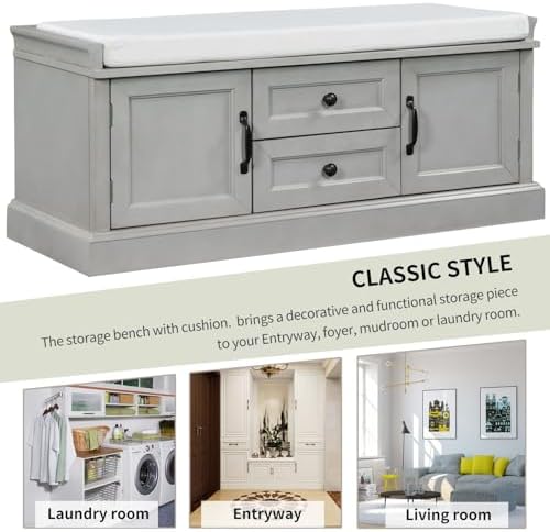 GDFStudio Rustic Storage Bench with 4 Doors 2 Draws Adjustable Shelves Removable Cushion Rectangular Cabinet Foot Rest Stool Solid Wood Shoe Bench Seating for Entryway Living Room, Gray Wash