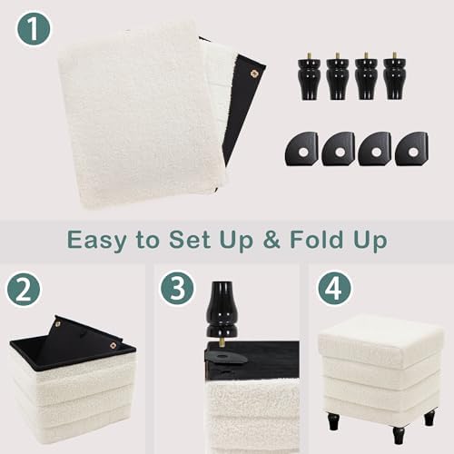 CAROLMADE Folding Storage Ottoman Cube Sherpa Footstool with Wood Legs Ottoman Footrest for Living Room and Bedroom, White 15"x12.6"x15.4"