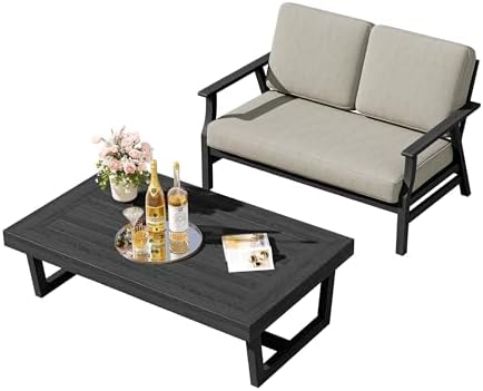 Pia Ricoo Outdoor Premium Teak Wood Loveseat with Armrests & Table, All‑Weather Outdoor Furniture for Backyard, Deck, Lawn, Light Camel/Dark