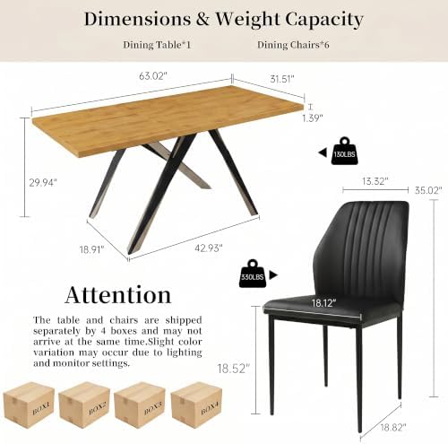 7-Piece Dining Table Set for 6, Oak Table + 6 Black Chairs