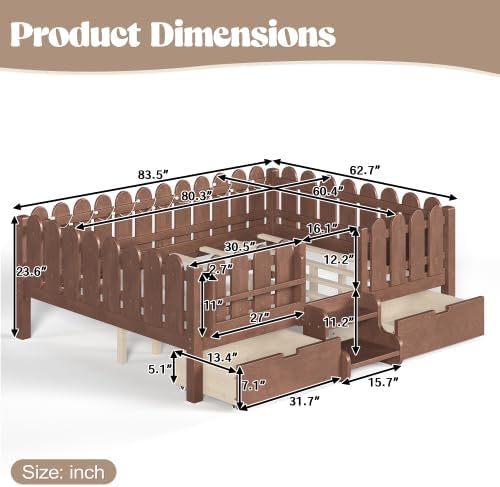 Bellemave Queen Size Platform Bed with Storage Drawers & Bookshelf for Boys Girls, Kids Queen Bed Frame with LED Lights & Stairs for Children's Room, Deep Natural