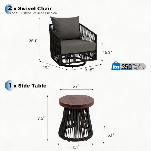 3 Pieces Outdoor Swivel Chairs Wicker Patio Bistro Set with Coffee Table