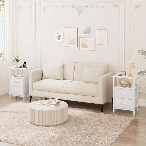 Vagusicc Nightstand Set of 2 with Charging Station, Bed side tables bedroom set of 2 with LED Lights, White Night Stands with 2 Fabric Drawers, 24.2" Tall Bedside Tables with Storage Shelf for Bedroom