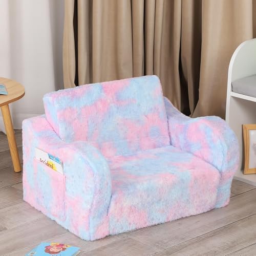 Kids Sofa Chair, 2-in-1 Foldable Couch, Plush, Pastel Tie-Dye