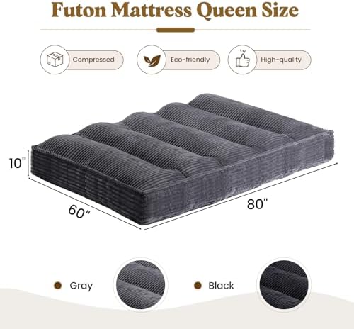 10" Futon Mattress Queen Size, Ultra Thick Futons Sofa Couch Bed Sleeper Sofa Bed, Versatile Floor Futons Japanese Floor Mattress for Adults, Grey (Frame Not Included)