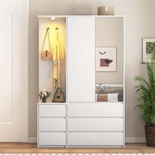 White Wardrobe Closet with Mirror and LED Light, Armoire Wardrobe with 6 Drawers, Hanging Rod, Open Shelves, Freestanding Bedroom Storage Cabinet