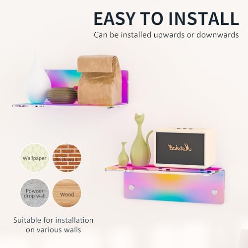 8 Inch Iridescent Shelf for Wall, Acrylic Small Floating Shelf, Home Wall Shelf Organizer for Room Storage, Room Décor, Space Saving, 4'' Depth, 2 Pack