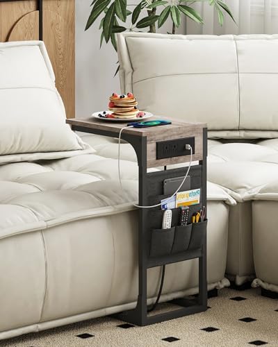 TUTOTAK C Shaped End Table with Charging Station, Side Table for Sofa