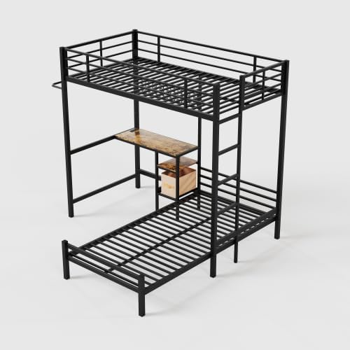 Bellemave Twin Over Twin bunk Bed with Desk and LED Charging Station, loft Bed with Desk and Shelves, Metal Bunk Beds with Storage, Black