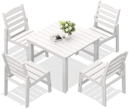 HDPE Outdoor Dining Set, Patio Square Table and 4 Stackable Chairs, White
