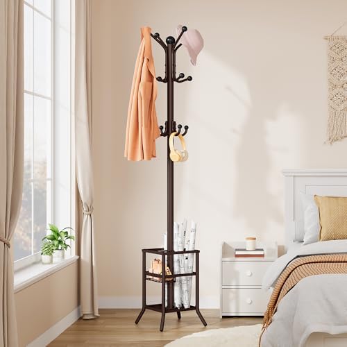 FAVOOSTY Coat Rack Freestanding,Coat Rack Stand with Umbrella Holder,Metal Coat Tree with 12 Hooks,Tree Clothes Hat for Entryway, Hallway, Bedroom, Living Room & Office, Brown