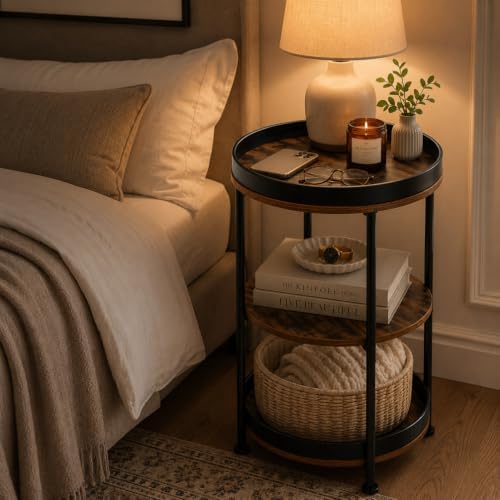 Dulcii Side Table, Round End Table with 3 Storage Shelves for Living Room, Bedroom, Nightstand with Steel Frame for Small Spaces, Industrial Round Sofa Table, Outdoor Accent Coffee Table, Rustic Brown