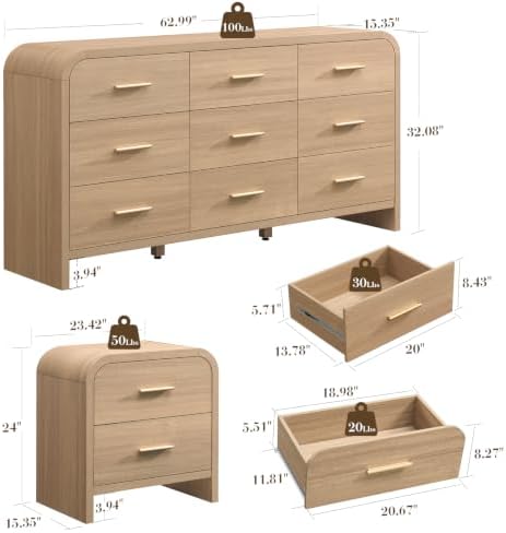 3-Piece Bedroom Set, Curved 9-Drawer Dresser&2-Drawer Nightstands