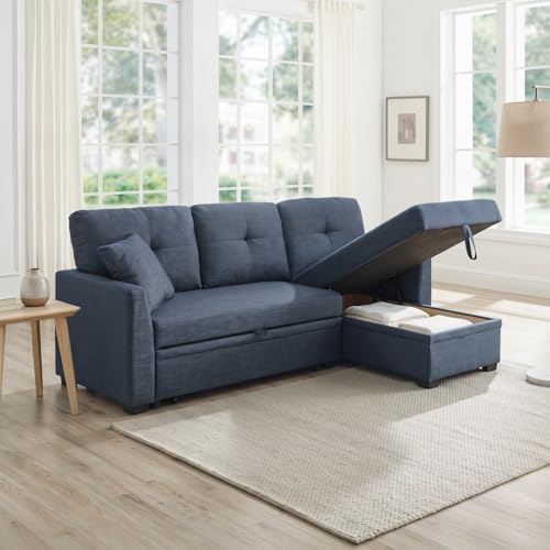 Convertible Sofa Bed, L Shape Sleeper Sofa with Reversible Storage Chaise, Tufted Fabric Sectional Sleeper Sofa with Pull Out Bed for Small Space, Living Room, Apartment, Dark Blue