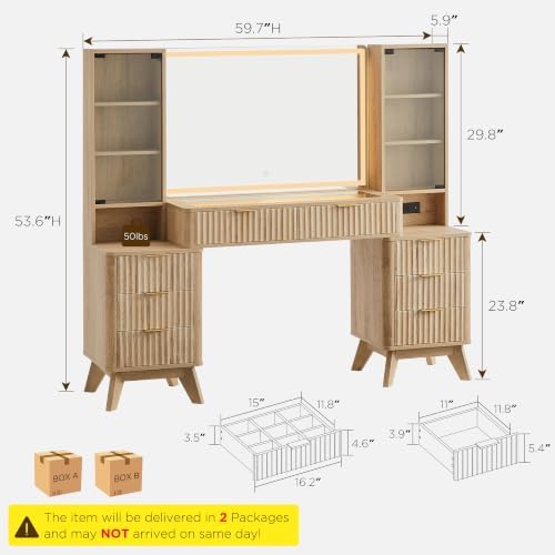 T4TREAM 60" Fluted Makeup Vanity Desk with 36" Lighted Mirror, Oak