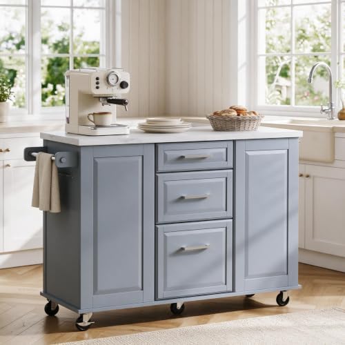Kitchen Island with Storage on Wheels, Tilt Out Trash Can Cabinet