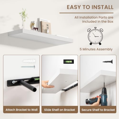 Dreamland 24 Inches Wall Mounted Wood Floating Shelves, White, 2 Pack