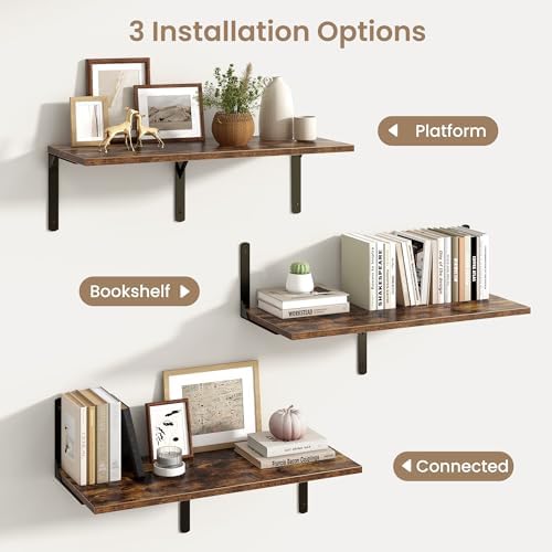 Rustic Brown 12 Inch Deep Floating Shelves Set of 2, Wall Mounted Shelf with Metal Brackets, Rustic Wood Wall Shelf for Bathroom, Kitchen and Living Room, Rustic Brown, 32W x 12D