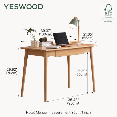 100% Solid Wood Home Office Desk, Oak Wood Writing Desk, Modern Computer Desk with Drawer for Sturdy Home Office Writing 39.37" W Natural Color