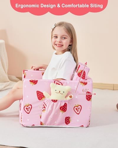 lasoftan Toddler Couch, 2-in-1 Soft Kids Couch Bed Fold Out, Toddler Chairs Comfy for Boys & Girls, Convertible Kids Sofa to Lounge for Playroom, Gift for Birthday, Children's Day - Pink Strawberry