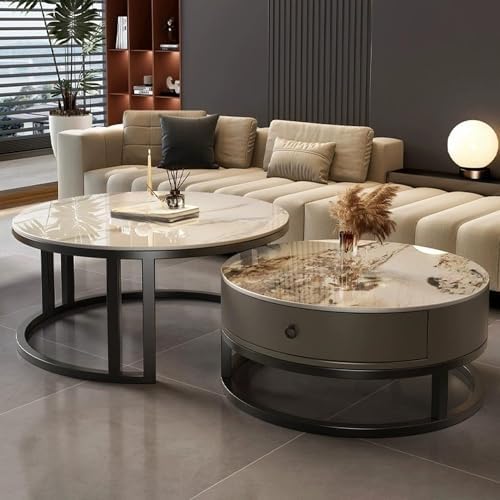 Round Nesting Coffee Table with Storage Drawer Set of 2, Modern Cocktail Table with Faux Marble Top for Living Room Small Space 27" Black/Grey-White Pandora