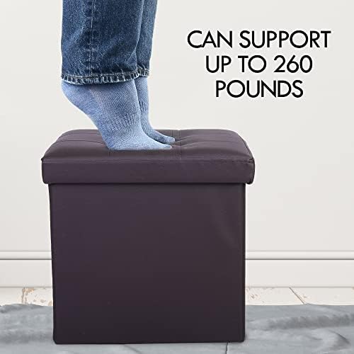 LotFancy Storage Ottoman Cube, Brown Foot Stool Ottoman,13x12x12 inch Square Ottoman with Lid, Faux Leather Seat for Dorm