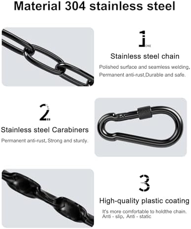 Stainless Steel Link Chain 64inch 304 Permanent Rust Chain 2 Pack with 4 Spring Snap Hooks, 1000LB Load Bearing Metal Chain Heavy Duty Safety Chain for Swing, Yoga, Hammock, sandbag Suspension