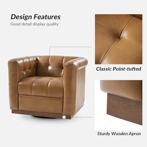 HULALA HOME Genuine Leather Swivel Accent Chairs Set of 2 with Wooden Base, Mid Century Modern Square Accent Chairs for Living Room Bedroom Club, Camel