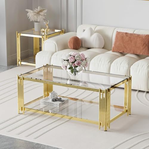 Gold Glass Coffee Table Set of 3, End Table Modern Living Room Table Set Rectangle Clear Tempered Glass Luxury Stainless Steel Leg, Center Side Table for Home (Gold, 43" Set of 3)