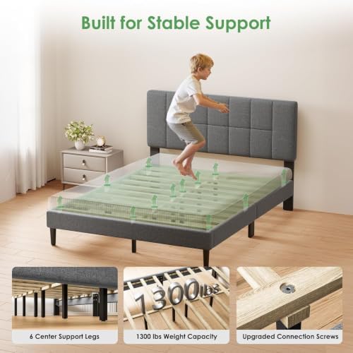 Marsail Upholstered Queen Bed Frame with Headboard, Modern Bed Frame, Gray