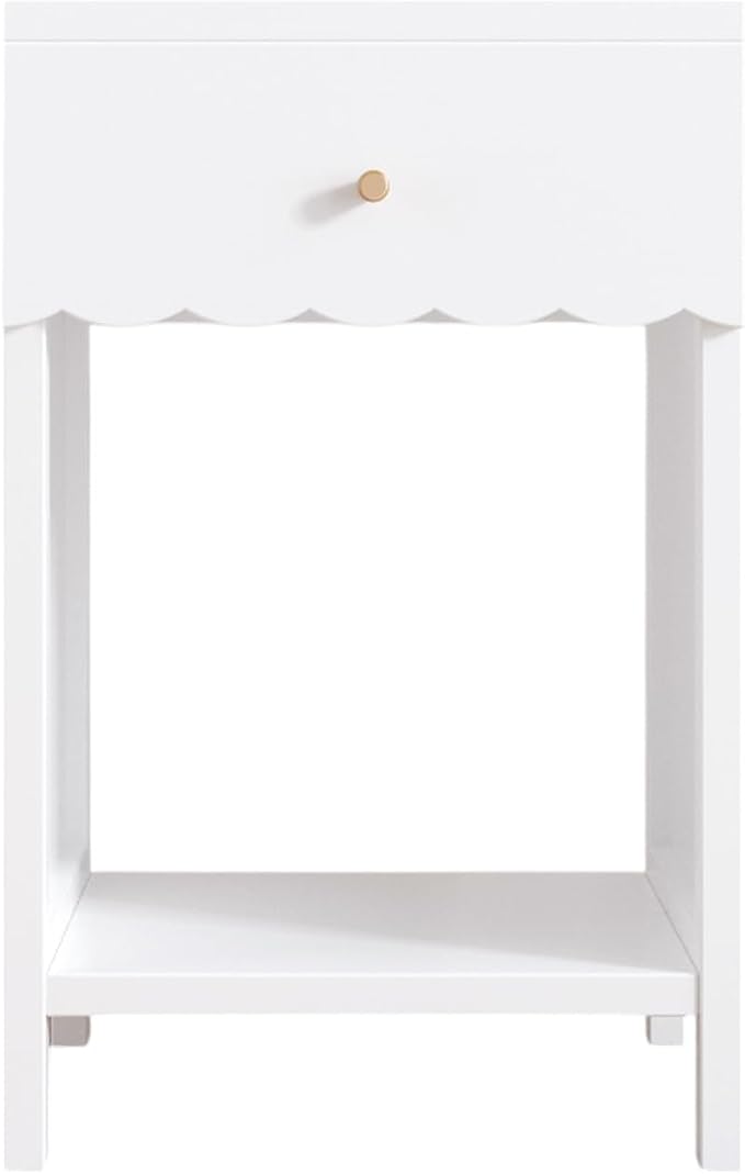 Cute White Nightstand with Drawer and Open Shelf, Scalloped Edge Design Bedroom Bedside Table, Wood End Table for Kids Girls Bedroom, White