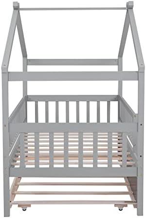 Merax Twin Size Wooden House Bed with Twin Size Trundle, Wood Bed Frame with Roof and Safety Guardrail for Kids, Teens, Boys or Girls, Grey