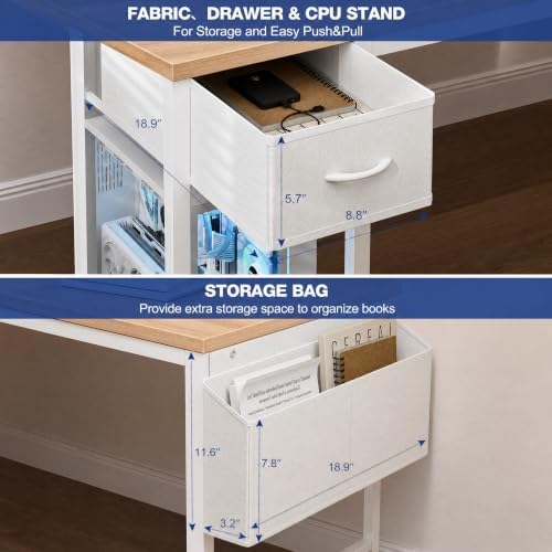 Grandder Computer Desk 40 Inch with Power Outlet and LED Light Oak