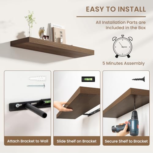 Dreamland 16 Inches Wall Mounted Wood Floating Shelves, Walnut, 2 Pack