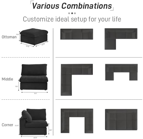 Cloud Couch Modular Sectional Sofa with Storage Ottoman,160.6" L Shaped Couch for Living Room,Down Filled 5 Seater Black Convertible Sectional Sofas,Covers Washable&Replaceable