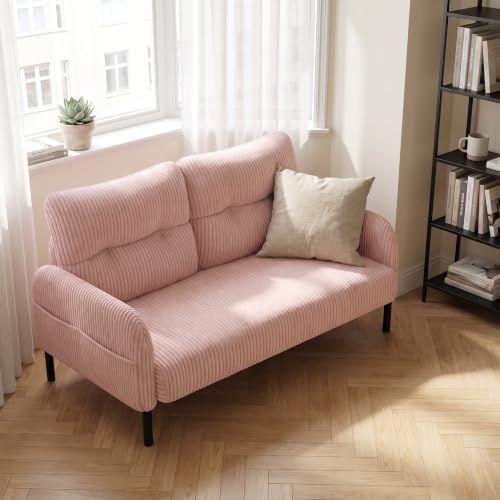 47" Corduroy Loveseat Sofa, 2 Seater Couch with Side Pockets, Pink