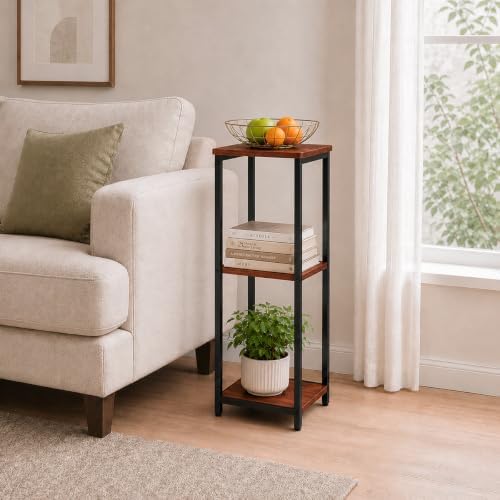10" Wide Square Drink Table with Adjustable Feet - 3-Tier Small Side Table for Apartments, Balcony & Office | Space-Saving, Lightweight & Multi-Functional (Plants, Books, Drinks, Red Wood)